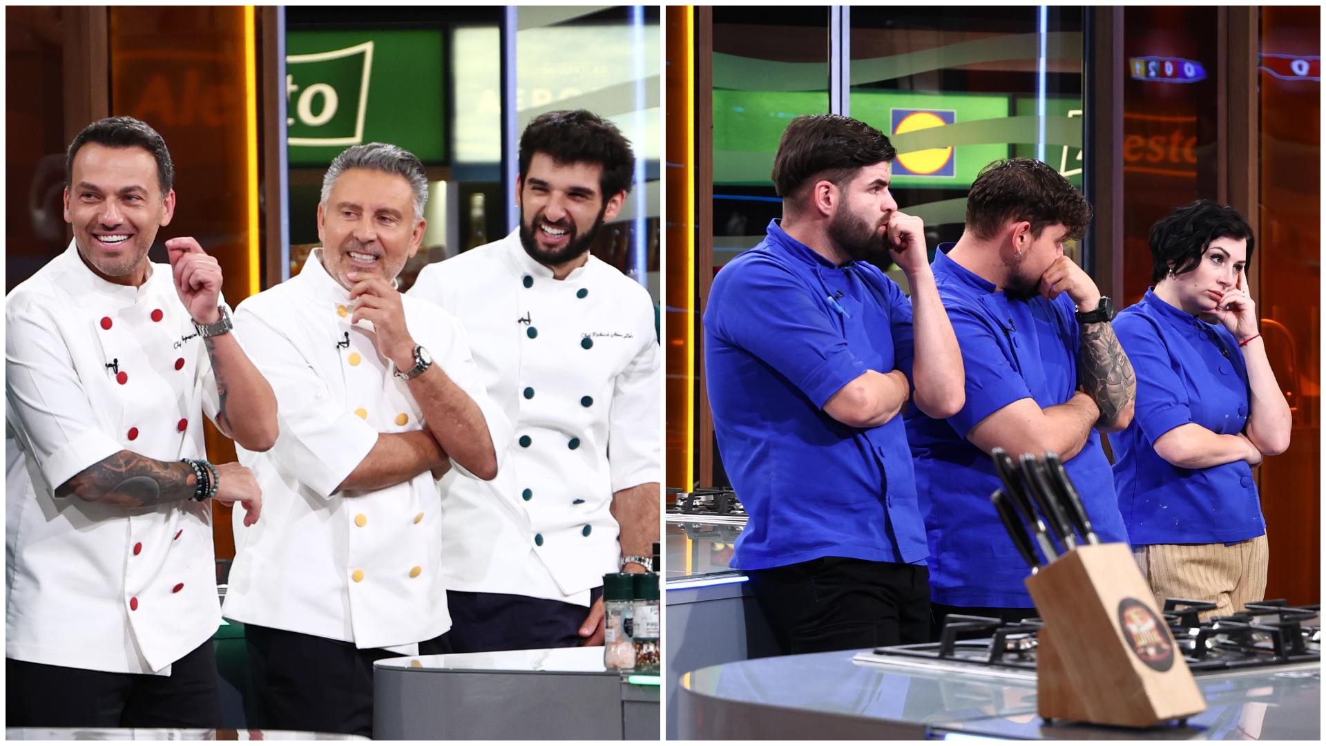 Chef Richard Abou Zaki, Chef Alexandru Sautner, Chef Ștefan Popescu și trei concurenți din echipa lui Chef Orlando Zaharia