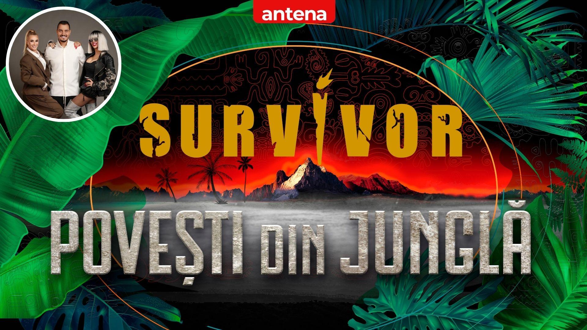 Logo Survivor povești din junglă pe un fundal tropical și comentatorii