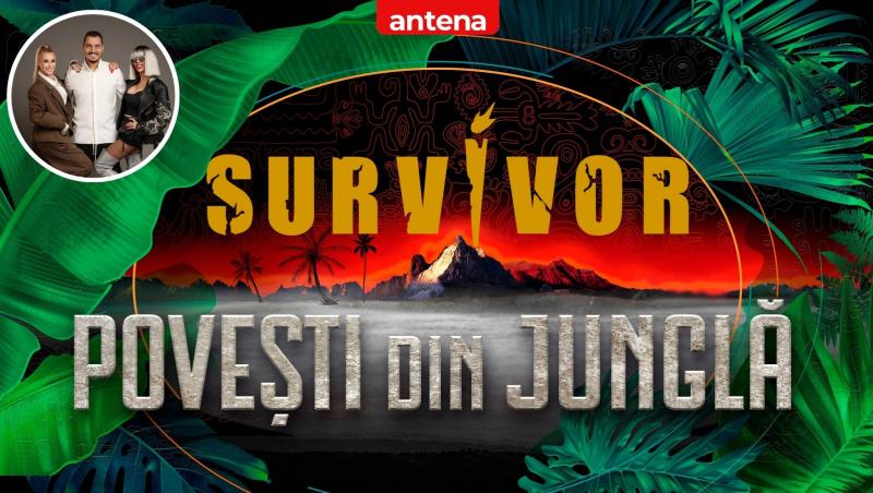 Logo Survivor povești din junglă pe un fundal tropical și comentatorii