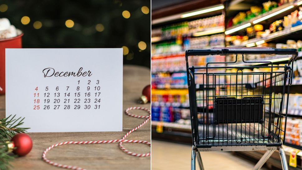 colaj calendar decembrie și coș de cumpărături în supermarket