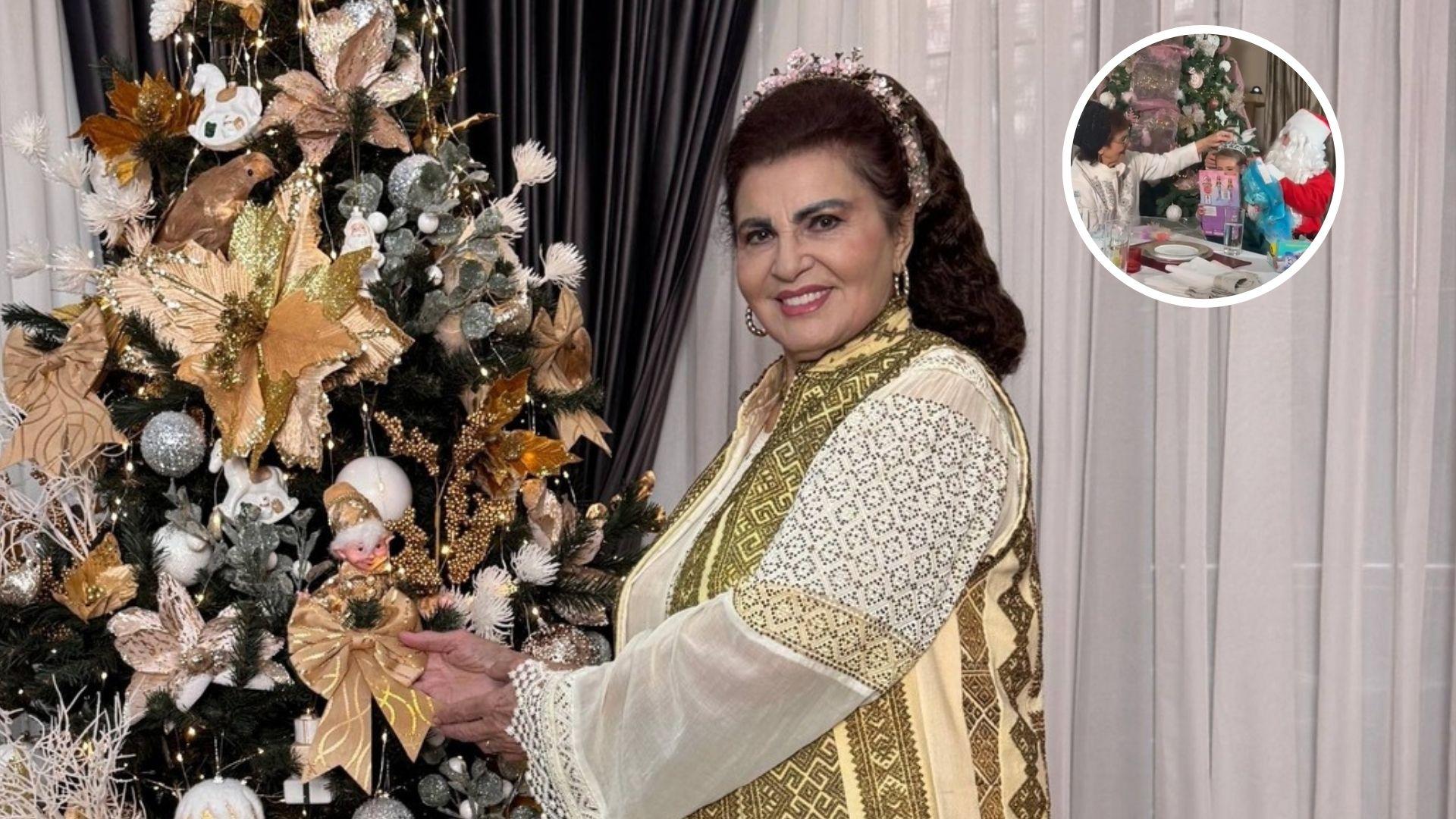 Irina Loghin lângă bradul de Crăciun și o imagine cu ea, nepoțica ei și Moș Crăciun inserată sub forma unui cerc în colțul de sus din dreapta