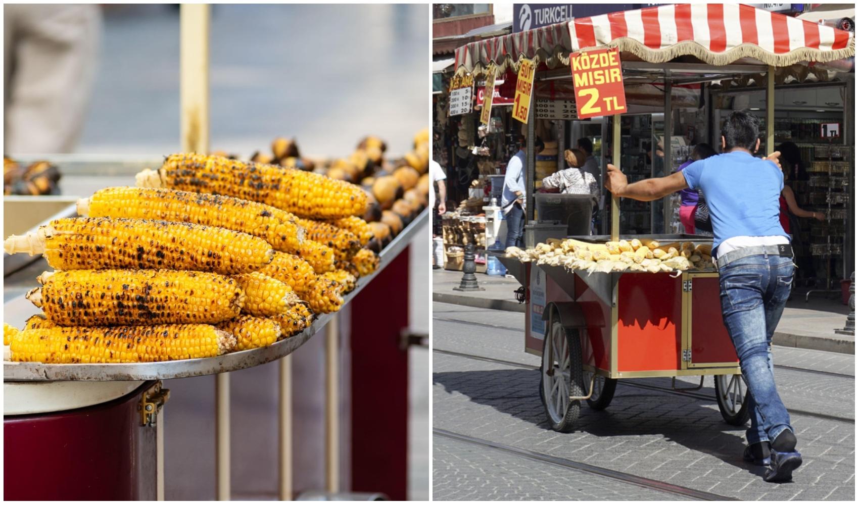 colaj foto cu porumb si vanzator de porumb pe strada in turcia