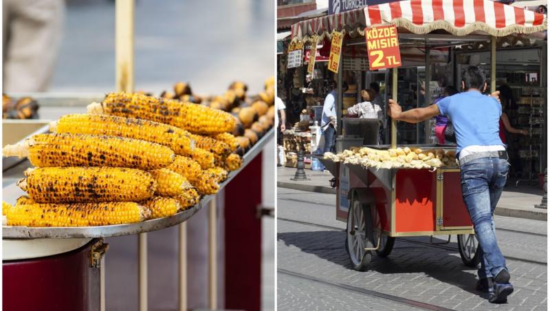 colaj foto cu porumb si vanzator de porumb pe strada in turcia
