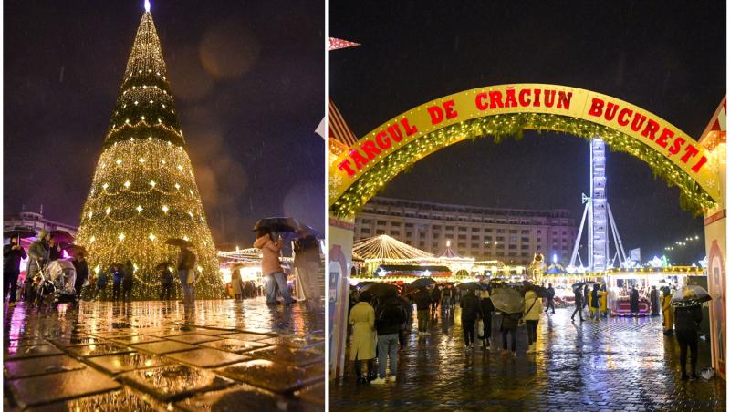 colaj foto cu un brad de craciun cu lumini si cu intrarea la targul de craciun