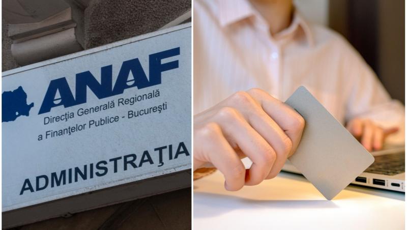 colaj foto cu sigla anaf si o femeie care foloseste laptop pentru cumparaturi online