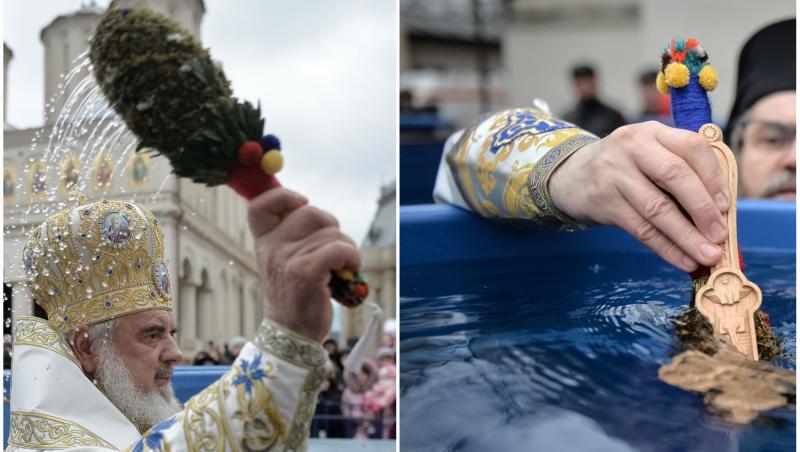 colaj foto cu patriarhul daniel si un cazan cu agheasma la bobotează