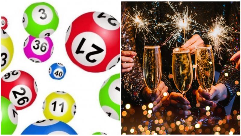 Colaj cu bile de Loto și pahare și artificii de Anul Nou