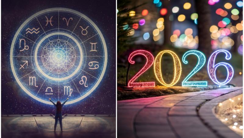 imagine cu persoana in fata unui cerc cu cele 12 zodii si imagine cu anul 2026 facut din cifre luminoase