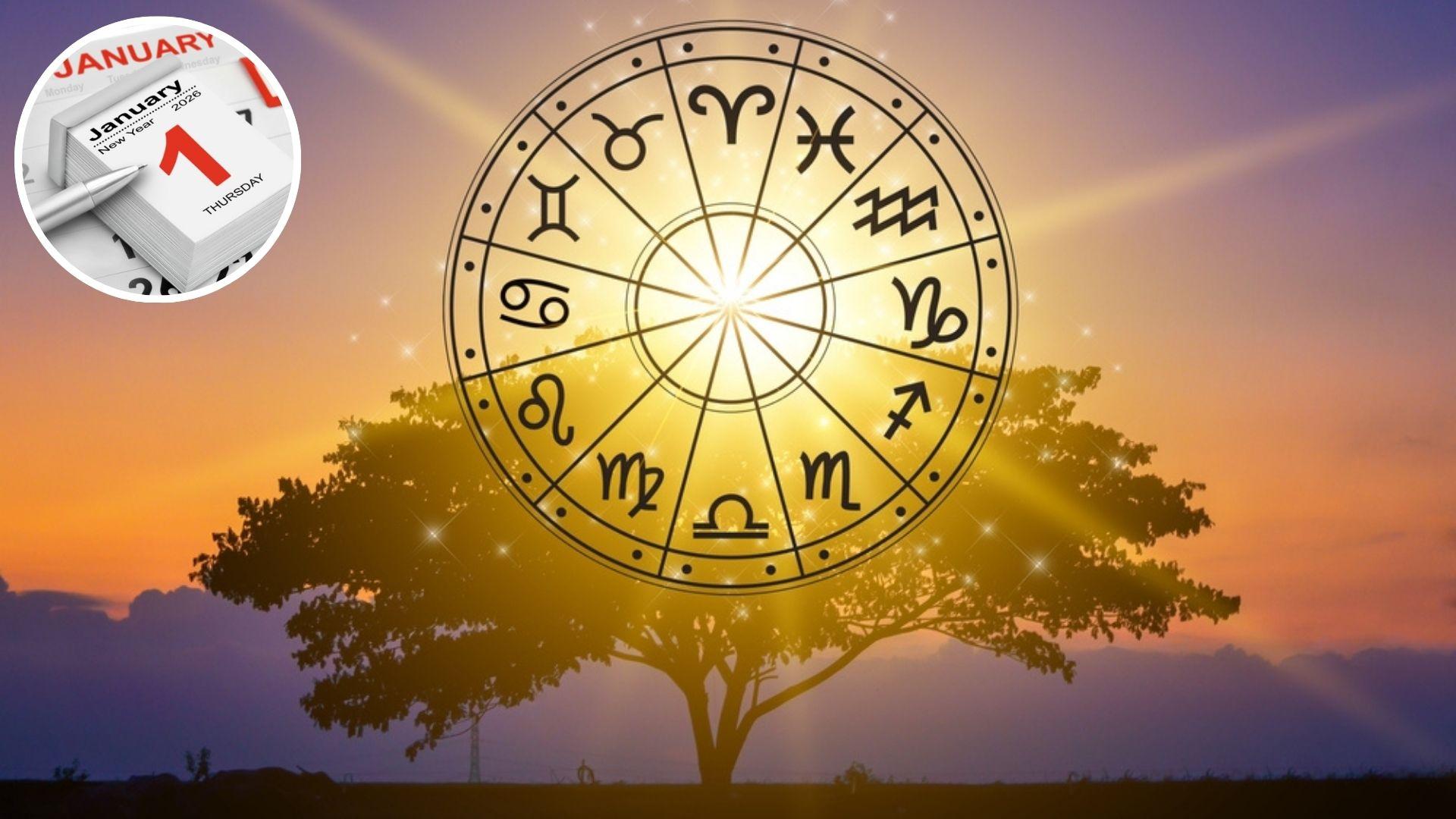 Colaj cu un calendar ce ilustrează data de 1 ianuarie, semne zodiacale și un copac