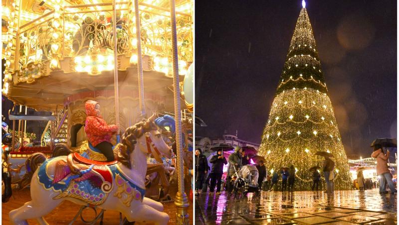 colaj foto cu copil la carusel si poza cu brad de craciun