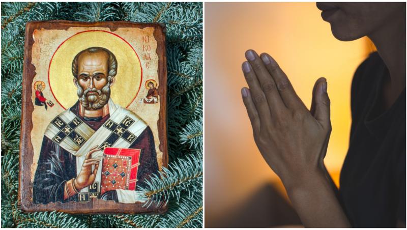 Icoana Sfântului Nicolae, ghețute cu multe cadouri și o tânără care se roagă