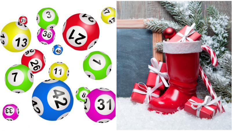 Bile loto pe un fundal alb și o gheată roșie plină de cadouri de la Moș Nicolae