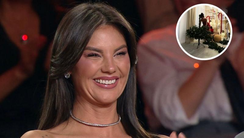 Ramona Olaru și o imagine inserată în formă ce cerc în care aceasta împodobește bradul