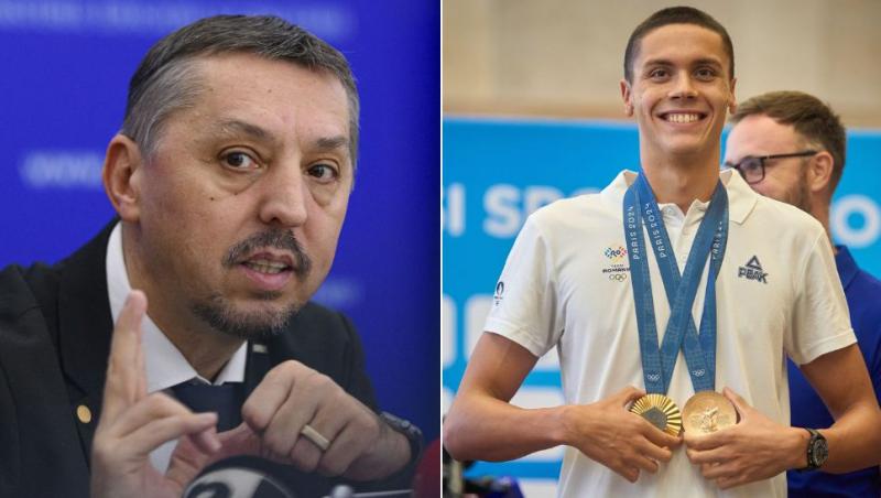 colaj ministrul educației, daniel david, și david popovici cu cele două medalii de la jocurile olimpice de la paris 2024