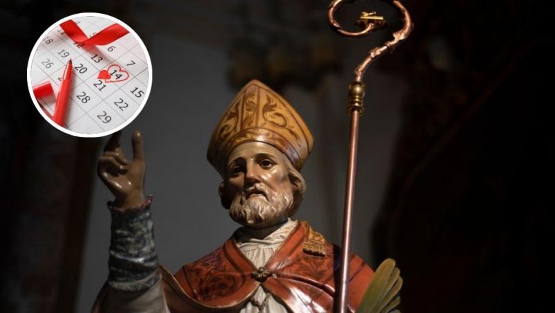 colaj statuie sfântul valentin și calendar pe care e încercuită ziua de 4 februarie cu o cariocă roșie