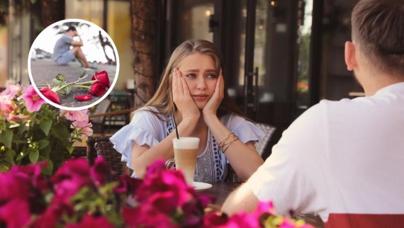 colaj tânără dezamăgită la o întâlnire romantică și bărbat care plânge pe trepte lângă un buchet de trandafiri roșii