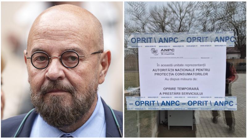 Cristian Popescu Piedone și un afiș care anunță închidere temporară a unui centru de îngrijire a persoanelor vârstnice