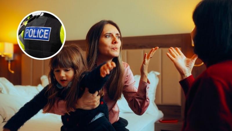 colaj femeie care ține un copil și gesticulează spre o altă femeie și polițist cu vestă pe care scrie Police