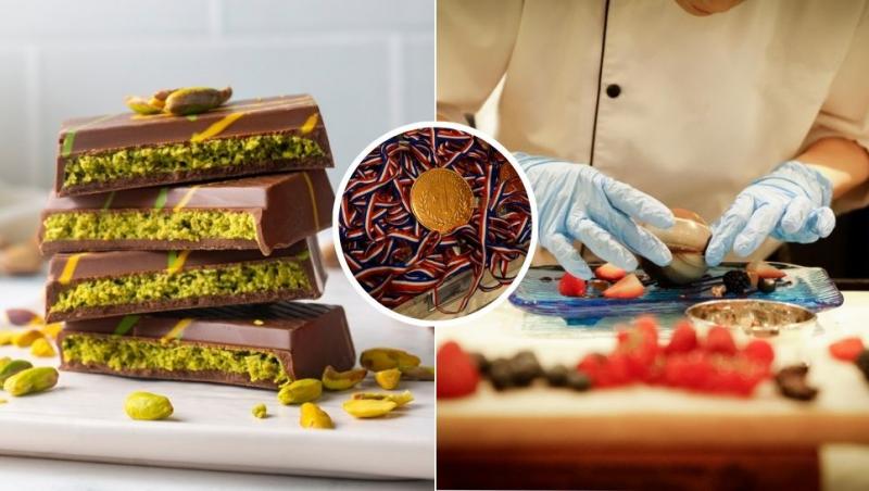 colaj ciocolată dubai, chef patisr care prepară un desert și medalie de aur