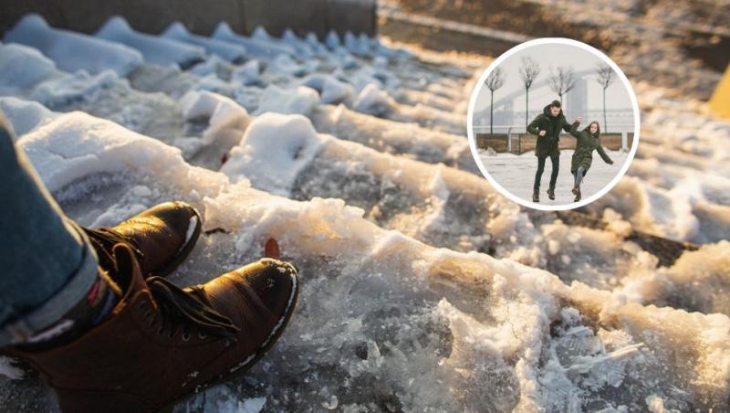 colaj persoană care stă pe trepte pline de zăpadă ș gheață, tânăr care își prinde iubita înainte de a cădea pe gheață