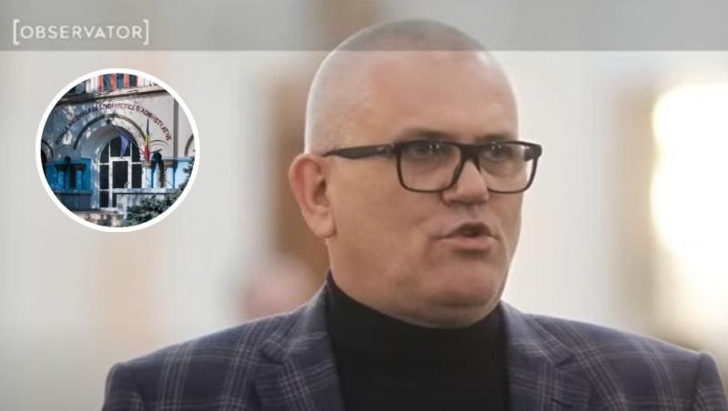 colaj marius pieleanu și intrarea principală în clădirea snspa