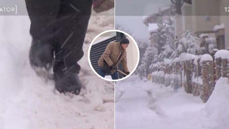colaj picioare care merg prin nămeții de pe trotuare, stradă înzăpezită, bărbat care dezăpeșește cu lopata