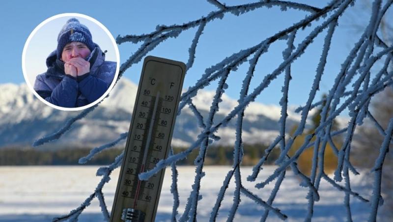 colaj termometru în zăpadă și om care îngheață de frig
