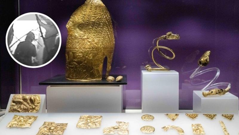 colaj obiecte expuse din tezaurul dacic la muzeu și suspect surprins de camerele de luat vederi