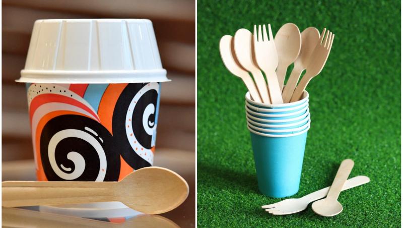 colaj foto cu tacamuri de lemn de unica folosinta