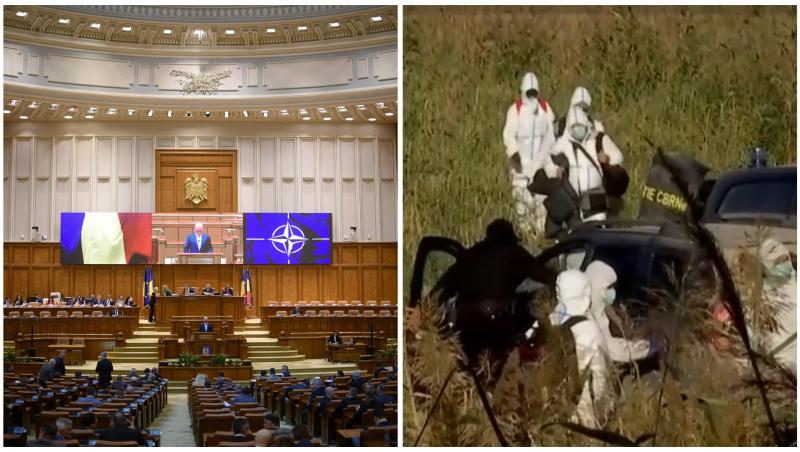 Imagine din Senatul României și specialiști care îndepărtează o dronă rusească căzută