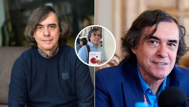 colaj mircea cărtărescu și mircea cărtărescu cu solenoid în mână