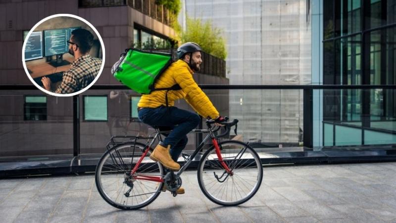 colaj livrator de mâncare pe bicicletă și bărbat în fața a două monitoare