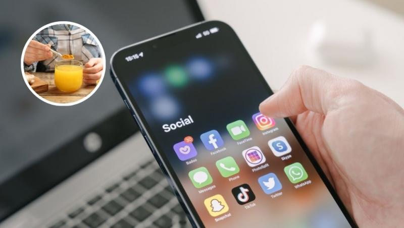 colaj mână care ține un telefon și femeie care face o băutură cu turmeric