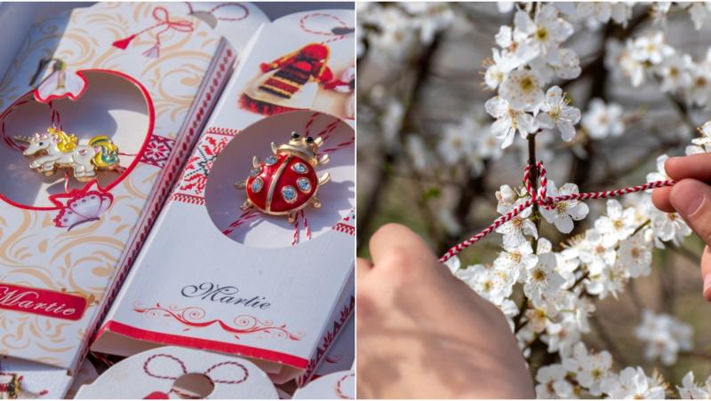 colaj foto martisoare si un copac inflorit