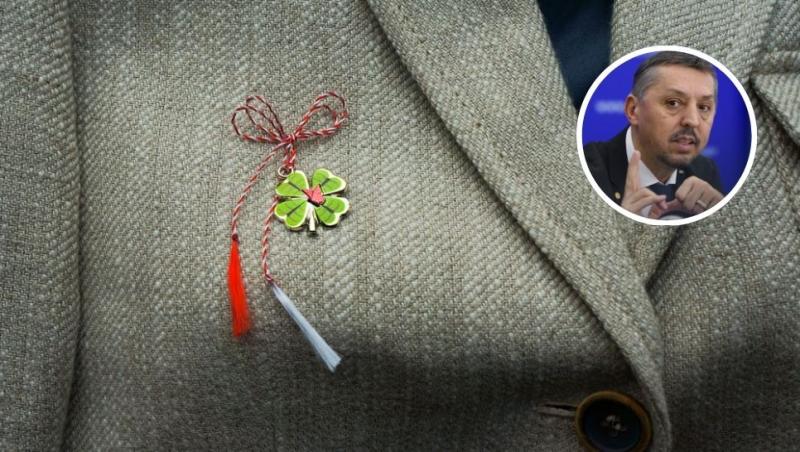 colaj femeie cu sacou care poartă mărțișor în piept și daniel david, ministrul educației