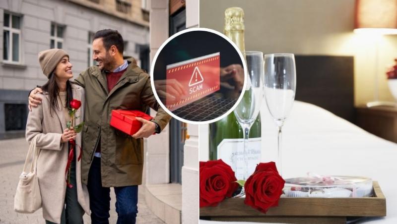 colaj femeie și bărbat pe stradă merând îmbrățișați, cameră de hotel cu trandafiri și băutură și computer pe ecranul căruia apare cu roșu scam