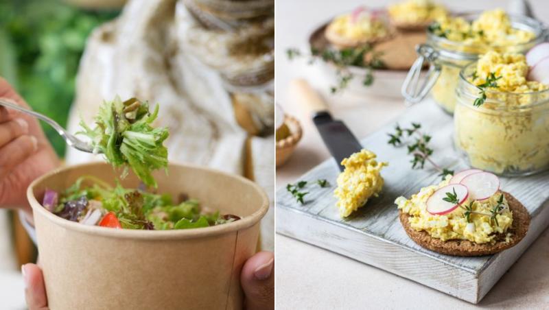 colaj femeie care mănâncă dintr-un recipient din carton salată și salată de ou pusă pe pâine și într-un borcan