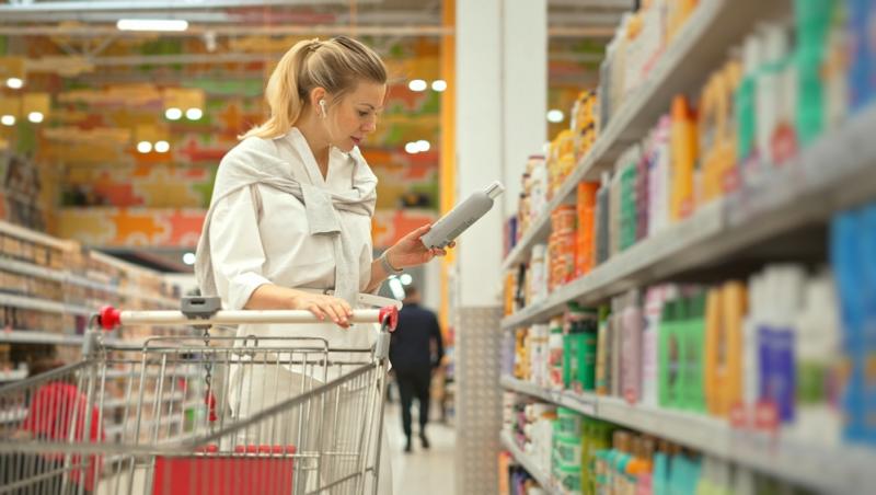 femeie care citește eticheta unui produs într-un supermarket