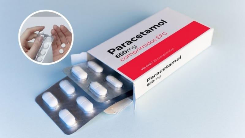colaj cutie de paracetamol, femeie care are în mână două pastile de paracetamol pe care le a scos din folie