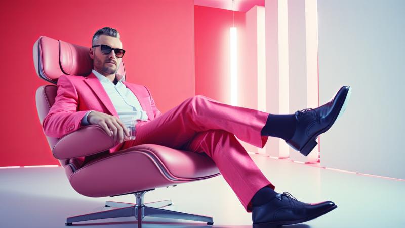 imagine cu un barbat in costum roz stand pe scaun