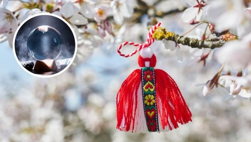 colaj mărțișor agățat de o crenguță înflorită și un glob de cristal