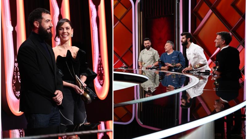 colaj foto cu irina fodor si chef alexandru dumitru si poza cu juratii, la chefi la cutite sezonul 15