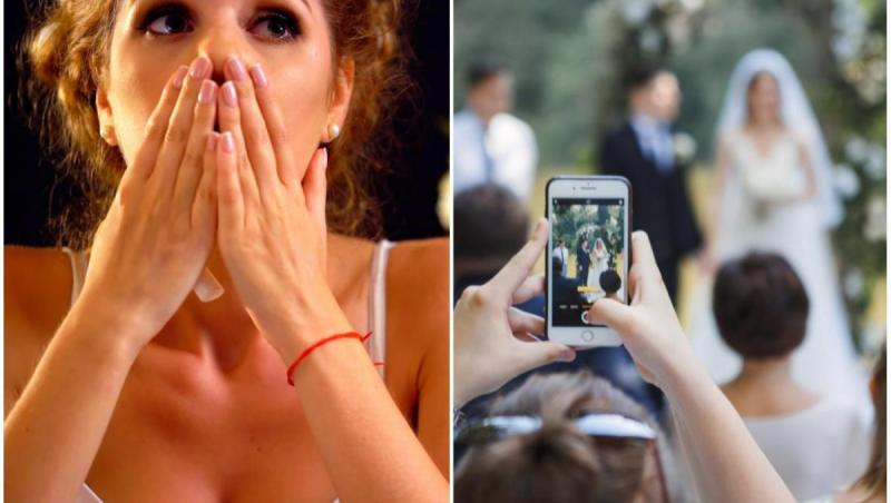 imagine cu o mireasa uimita si poza cu un om ce fotografiaza mirii la o nunta