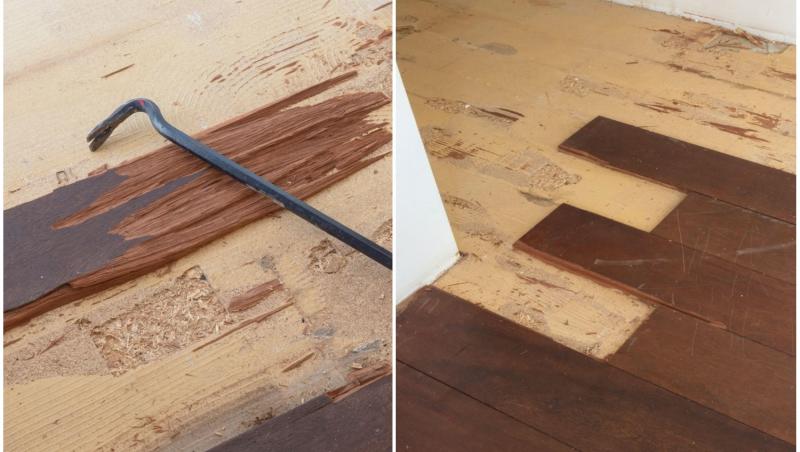 imagine cu o ranga si cu bucati de parchet scoase din podea