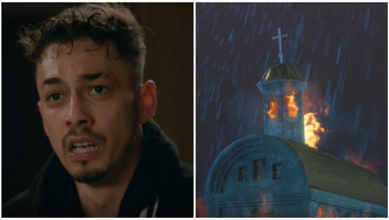 Colaj cu Rocky și biserica în flăcări