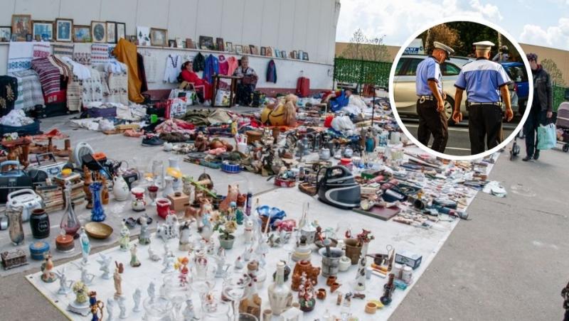 colaj obiecte de vânzare într-un târg de vechituri și polițiști locali