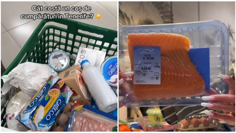 Un coș de cumpărături, un pachet de somon și un bon de cumpărături