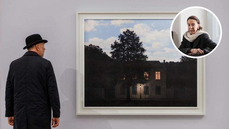 colaj bărbat cu pălărie lângă un tablou de René Magritte și ioana maria banu cunoscută și ca mica ertegun