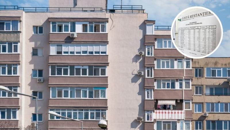 colaj bloc de apartamente și afiș cu restanțierii la întreținere de la avizier