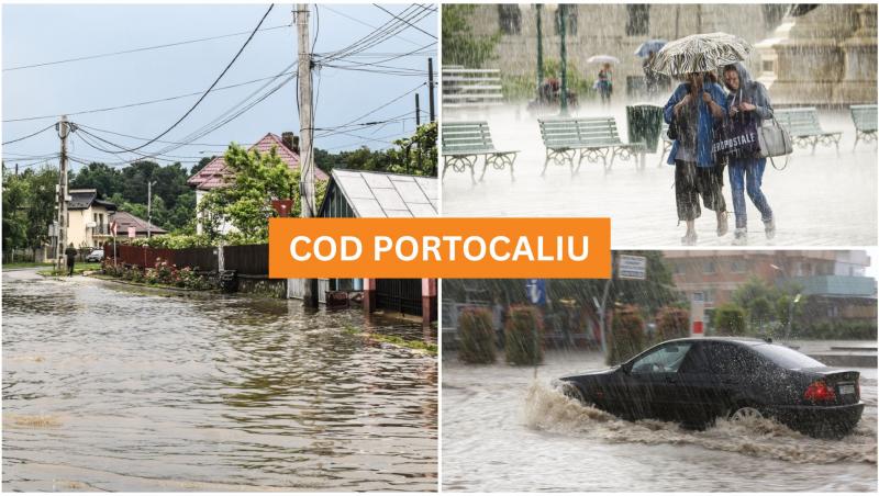 Oameni care merg prin ploaie, o mașină care merge pe o șosea inundată și o stradă inundată
